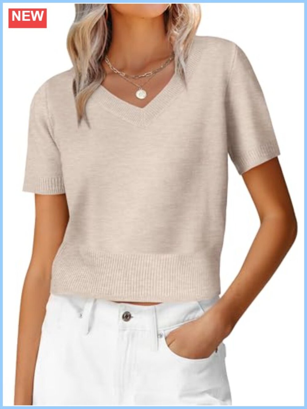 Women's Short Sleeve V-Neck Cropped Sweater Ribbed Knit Pullover